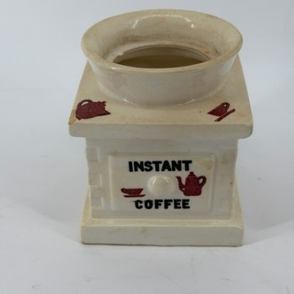 Vintage Ceramic Instant Coffee Jar Grinder Shape Cream Red Farmhouse Decor